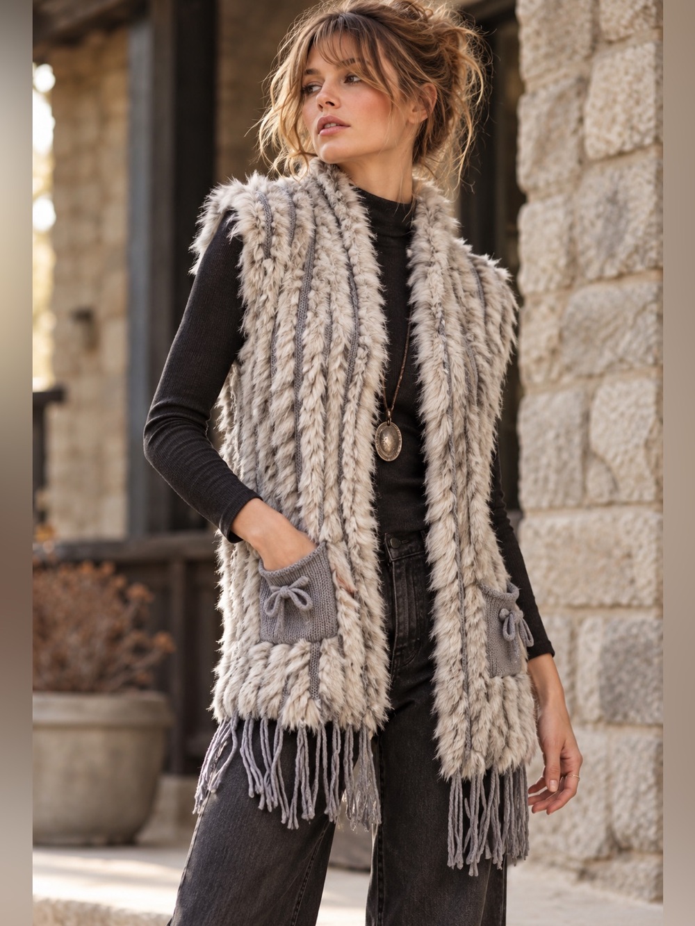 Genuine Rabbit Fur Knit Vest Gray Fringe Draped Boho Gilet Pockets